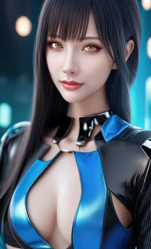 Close-up of a woman wearing a black and blue dress, 4k highly detailed digital art, 4K detailed digital art, Realistic digital art 4k, Realistic digital art 4k, Stunning digital illustrations, Portrait beautiful sci-fi girl, Portrait of a sci-fi woman, digital art 4k, Cyberpunk girl portrait, Beautiful cyberpunk girl face, Epic portrait illustration  