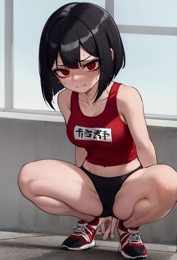 Girl, black hair, bob, red eyes, marathon runner, rolling her eyes, squatting down, looking in pain, sweating, white and red tank top, shorts, marathon shoes