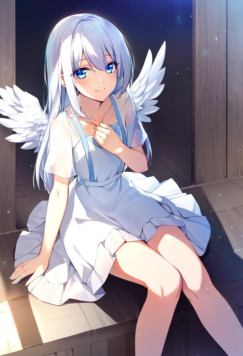 one girl, fallen angel, angel wing, angel ring, sacred, cute, naive, sitting, , beautiful, light blue eyes, white dress, white hair, smile gently at me, girl focus