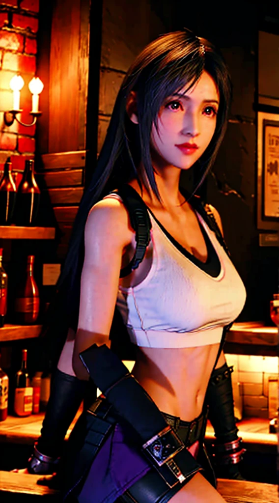 (Photorealistic: 1.4), top quality, very delicate and beautiful, high resolution, 1girl, tifa_lockhart, smile, cowboy shot, suspenders, low rise, mini skirt, tank top, tense shirt, black hair, long hair, elbow gloves, beautiful detailed red eyes, face light, movie lighting, navel, high exposure, abdomen exposure, ribs, abs, ( gigantic breasts: 1.2), dynamic poses, dynamic angles,