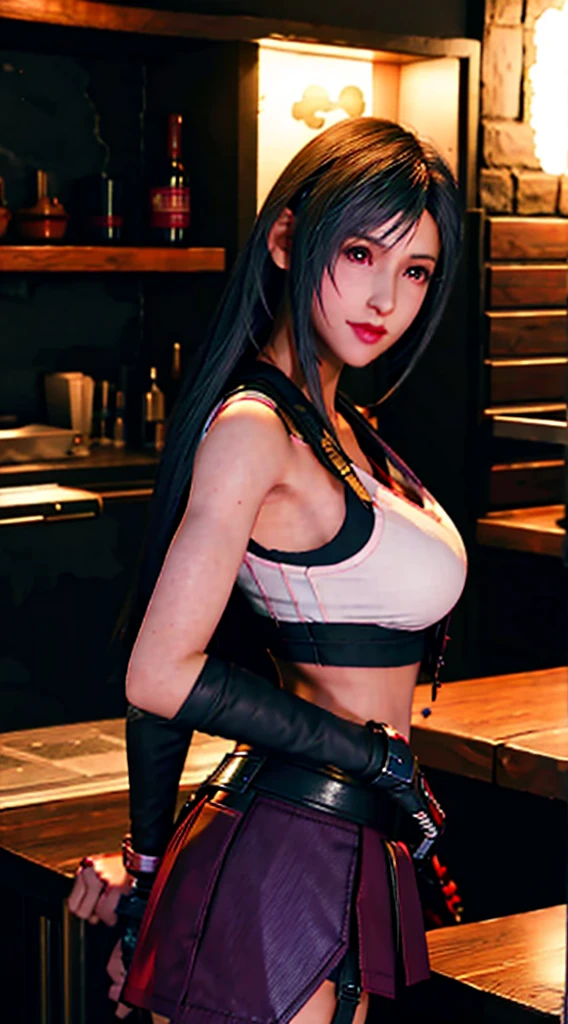 tifa lockhart, black hair down to the back, crimson eyes, symmetrical look, thin mouth, pink lipstick, rosto angelical, wearing purple miniskirt, behind a bar counter, personagem tifa lockhart de Final Fantasy VII