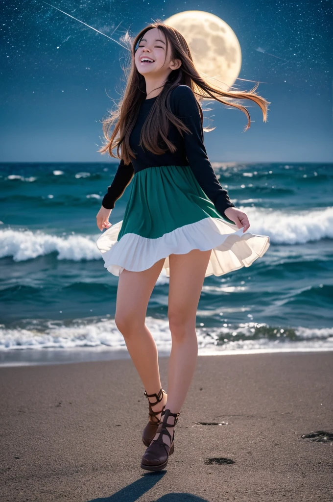 kawaii, anime, Cute, hyper quality, highly detailed, 8k, Front facing, Clarity, brown long hair, green eyes, smile, whole body, walk along the coast, one black cat, starry skies, night, moonlight, shooting star, Starlight, spread your hands, Look down at the cat at your feet, smiling, close your eyes and laugh, open your mouth and laugh, Crescent Moon, whole body, walking pose, seaside, coastline, Comet, hair fluttering,