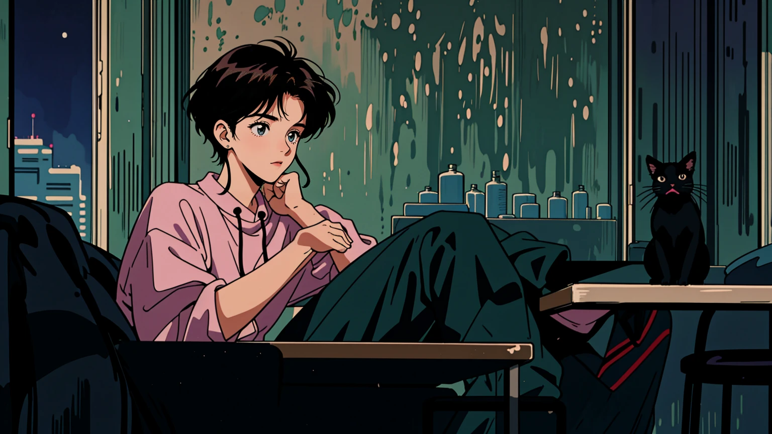 best quality, 8k, 1990s style,2010s hairstyles, 21-year-old boy, black hair, light brown eyes, city pop, pants ,night view, wearing headphones, whole body, relax coffee,table,confection,Looking at me, Black cat