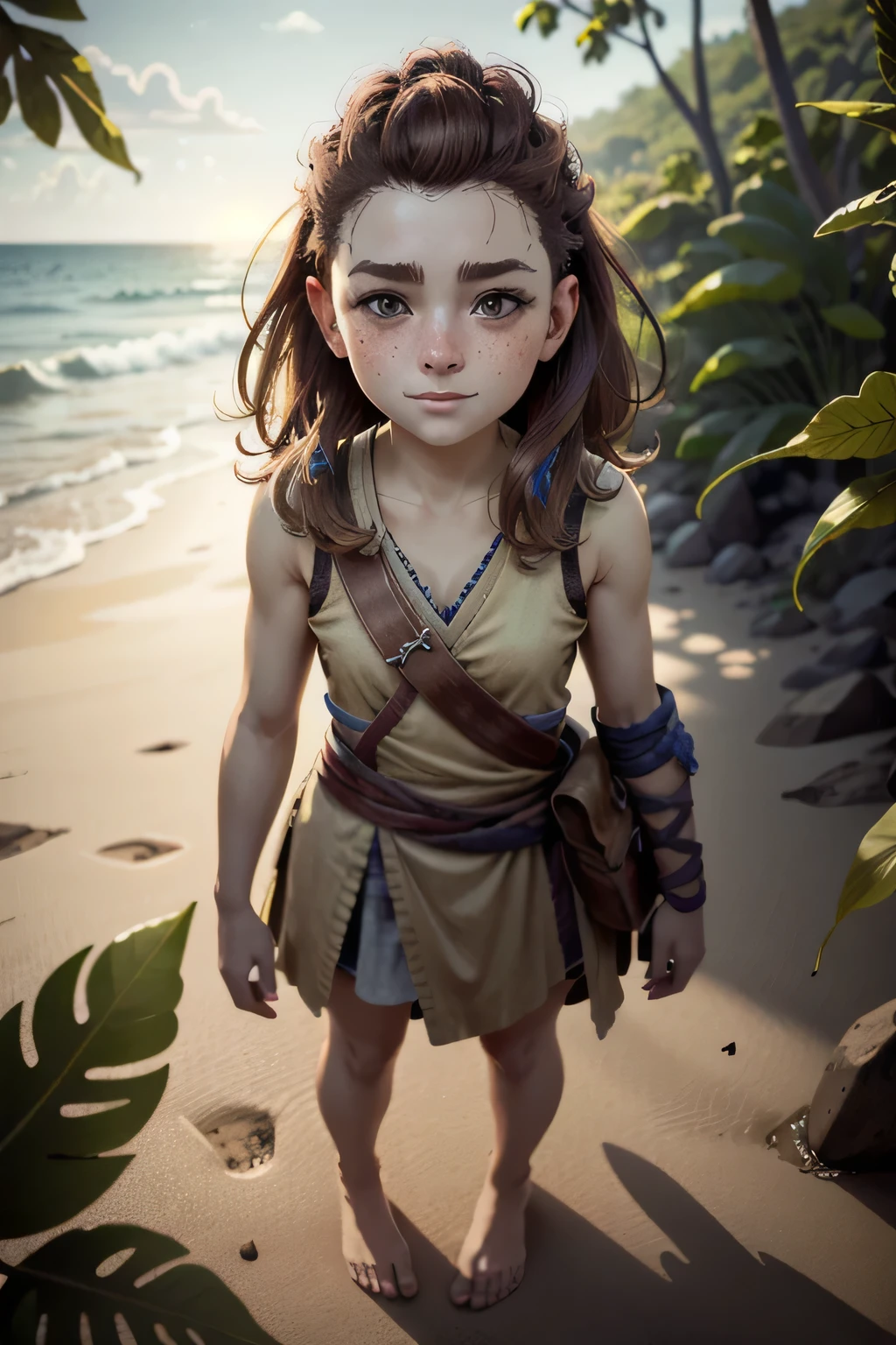A very young girl with short brown hair and brown eyes, many freckles, and a flat nose, with a round face,built like a tanksmiling happily, standing barefoot on a beach, in a chibi/deformed style, extremely detailed, 4k, photorealistic, masterpiece, vivid colors, natural lighting, cinematic composition