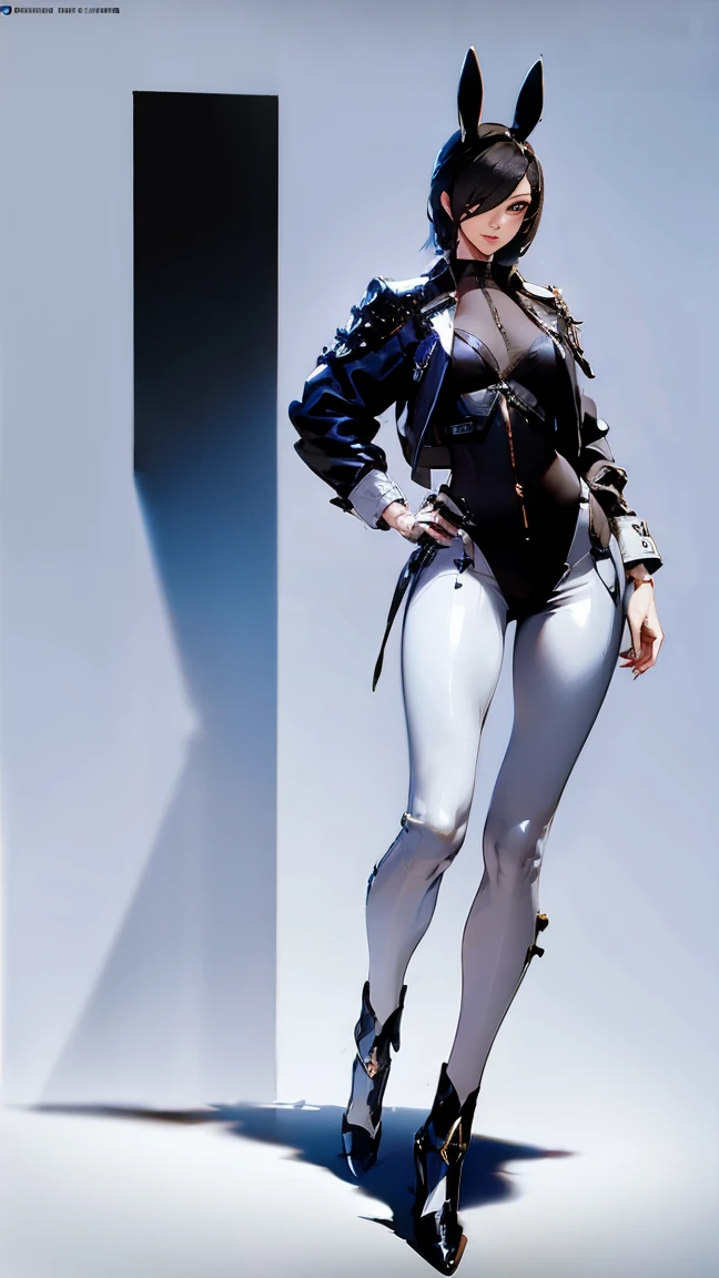 Woman with perfect body, Bunny The First Descendant Ultimate Skin, dressed in a colan sex and fitted to the body with white, black and chrome details and with her legs showing, in front of her full body, with eyes and mouth showing
