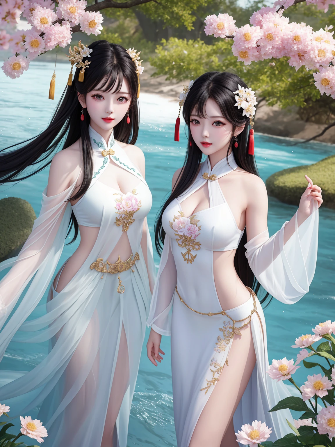 Top quality, masterpiece, high resolution, Chinese,，，，，，，On the river bank,，，，，，,,On the river bank,,,，，，，，,,,,naked,，stand erect，，，，，2 Girls,，，，，,2 Girls, Attractive appearance and personality, Big body, Incredibly sexy, ，，，，Floral ，， ，Floral，， Light flower fragments，，(transparent ), Large hollow perspective, Beautiful and delicate face, (Image) Perfect slim figure (Nipple slippage: 0.5), Perfect fair skin，stand erect，，Smooth black hair，，，，Black Hair