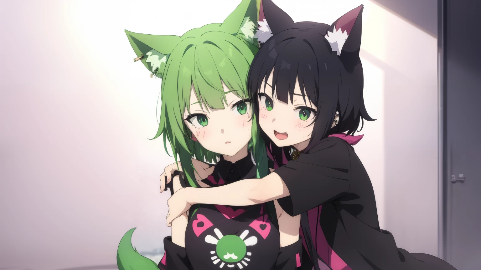 2 girls, neon green hair, moonlight eyes, fox ear, tattoo sleeves and piercings ((Anime style)), Harajuku-inspired hip-hop clothing, soft colors, neon paint splattered background, Soft strokeRin and Aoi hug the kitten and say "Thanks, Jack!" They know that Jack will help them. Aoi takes the kitten and puts it on her cheek.

Rin grabs Jack's hand. "Now we can go on an adventure together!" She is happy.

Aoi nudges Jack. "You'll come with us, right? Don't leave us alone with bad things! He winks at Jack and scratches the kitten's chin.

Both girls hope that Jack will join them on their adventure.