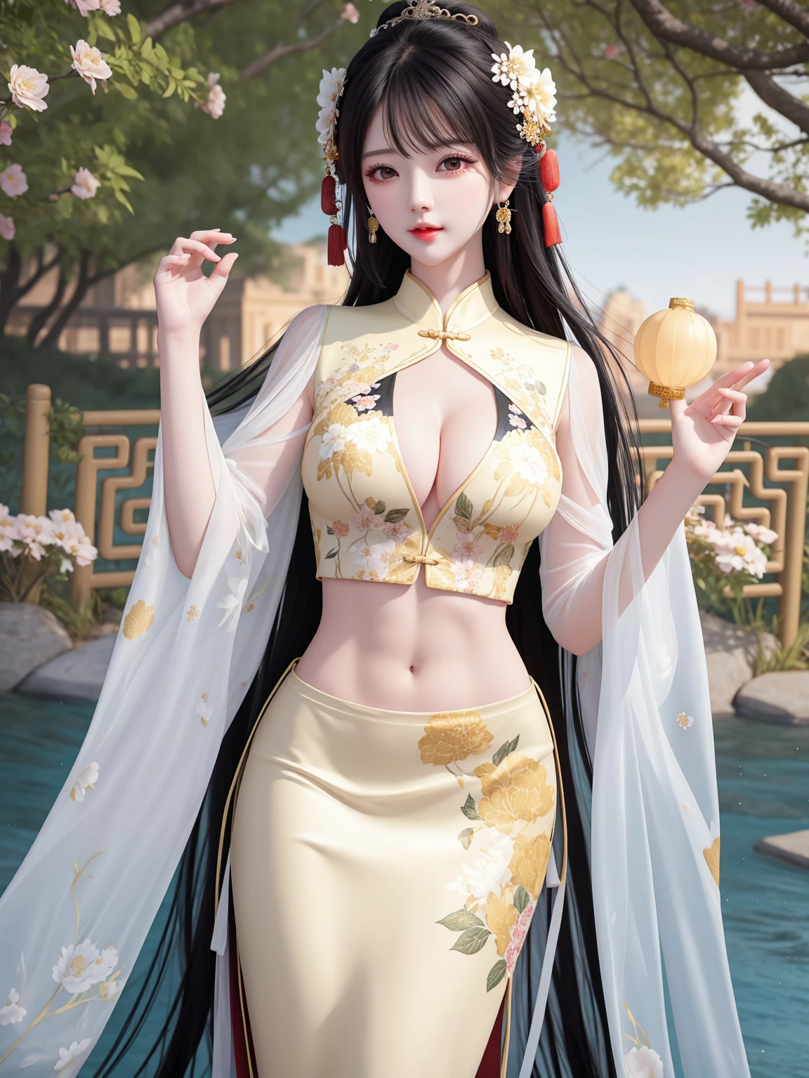 Top quality, masterpiece, high resolution, Chinese,,,,On the banks of the river,,,,,,On the banks of the river,,,,,,,,,,,,,,,,,naked,,stand erect,,2girl, charming appearance and personality, big body, extremely sexy, ,,,,Floral print ,, ,Floral print,, Light yellow floral fragments,,(transparent ), large hollow see-through, beautiful and delicate face, (desire figure) perfect slim figure (nipple slip: 0.5), perfect white skin,stand erect,,Smooth black long hair,,,,Black Hair
