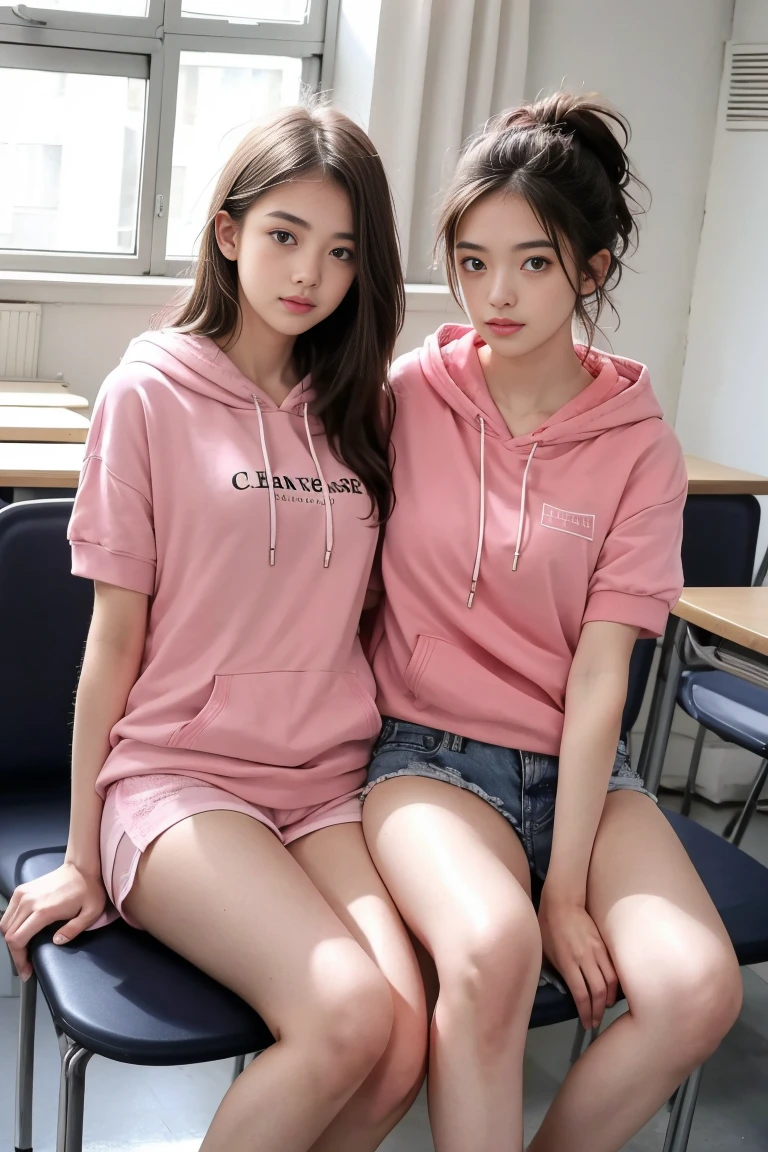 deux femmes ensemble de 18 ans sexy et mince , pink short sleeve hoodie , salle de classe, se touche,position sey,sensuel,visible legs,