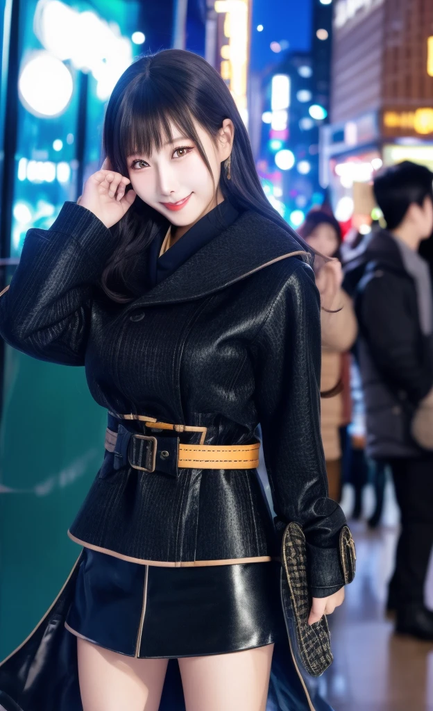(morning), 1 girl, solo, looking at the audience, winter, Cowboy shooting, (city center), Cowboy shooting, Smile, black hair