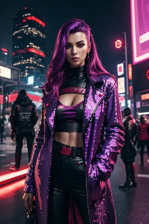 Cyberpunk, Woman, open purple sequin coat, red clothing, cyberpunk mercenary, red shirt