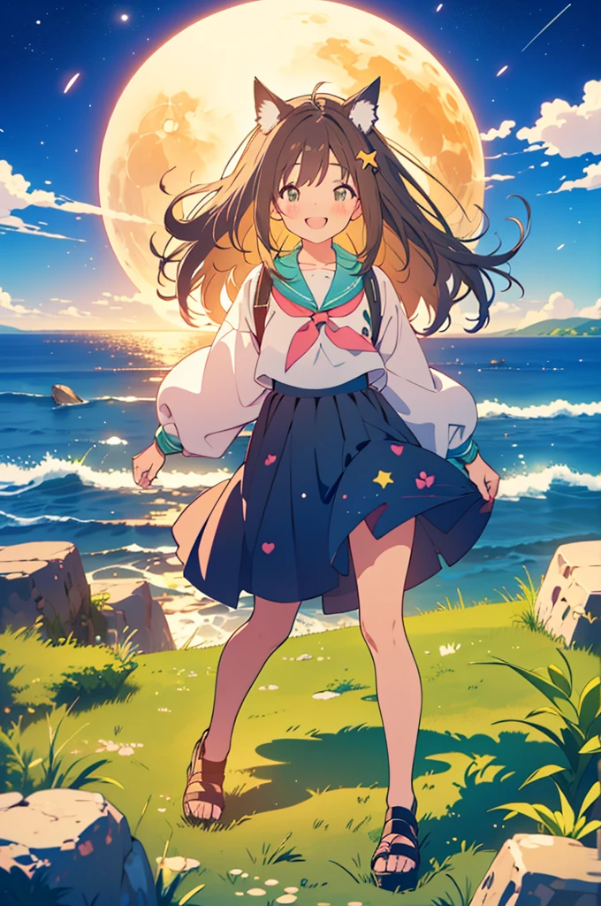 kawaii, anime, Cute, hyper quality, highly detailed, 8k, Front facing, Clarity, brown long hair, green eyes, smile, whole body, walk along the coast, one black cat, starry skies, night, moonlight, shooting star, Starlight, spread your hands, Look down at the cat at your feet, smiling, close your eyes and laugh, open your mouth and laugh, Crescent Moon, whole body, walking pose, seaside, coastline, Comet, hair fluttering,