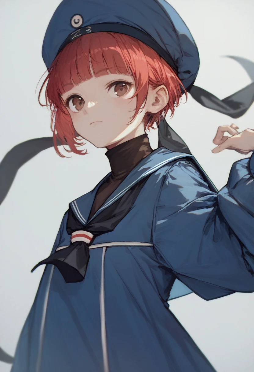 z3maxKC, brown eyes,red hair,short hair, sidelocks, blunt bangs,blue sailor collar,blue dress,blue hat, sailor dress, sailor hat,black scarf, long sleeve,white turtleneck,