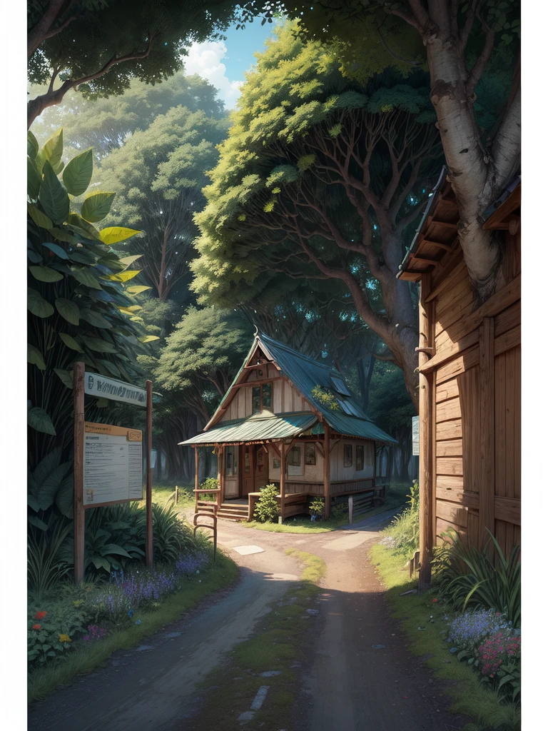 super wide perspective, coffee shop in the woods, worn off road, zebra crossing, moody weather, under a big banyan tree, street light, poles and wires, tropical leafy plant pots, menu board, sign board, long grass with wild flowers, in the middle of nowhere, vibrant color tones, ghibli style, no humans, scenery, masterpiece, high resolution 
