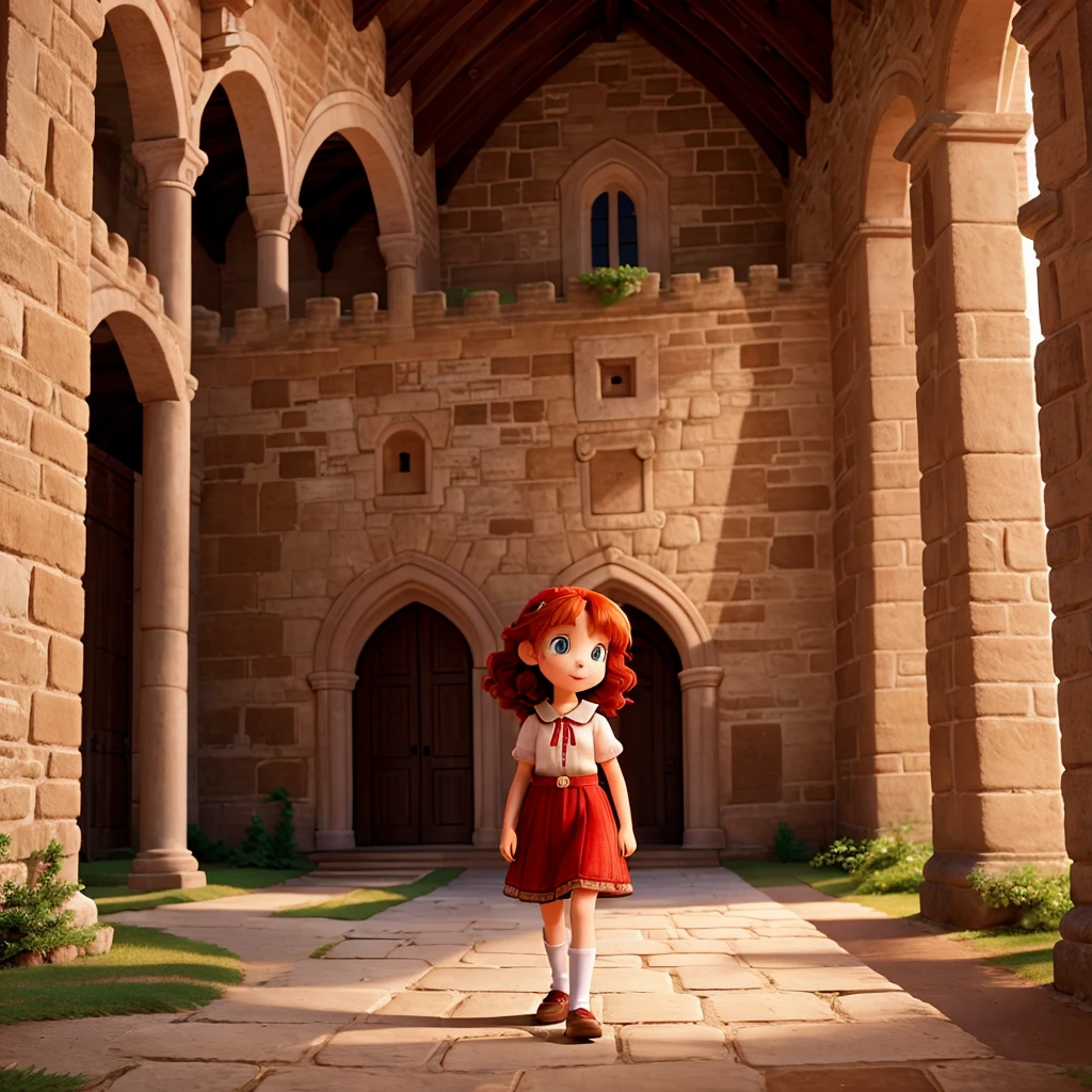 10-year-old red-haired princess walks through the castle's beautiful gardens