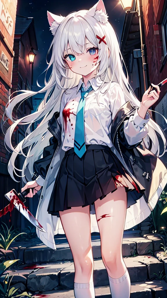 a girl with white stockings, white hair, maniacal laughter, long hair, cat ears, heterochromia (left blue, right red), female face, sparkling eyes, flat chest, red aura, night, deserted alley, black mini skirt, holding a knife, blood-stained clothes, blood-stained face, loss of shine in eyes, shadows on face, forced smile, blue tie