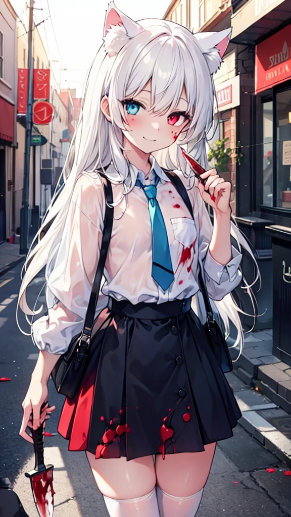 a girl with white stockings, white hair, maniacal laughter, long hair, cat ears, heterochromia (left blue, right red), female face, sparkling eyes, flat chest, red aura, night, deserted alley, black mini skirt, holding a knife, blood-stained clothes, blood-stained face, loss of shine in eyes, shadows on face, forced smile, blue tie