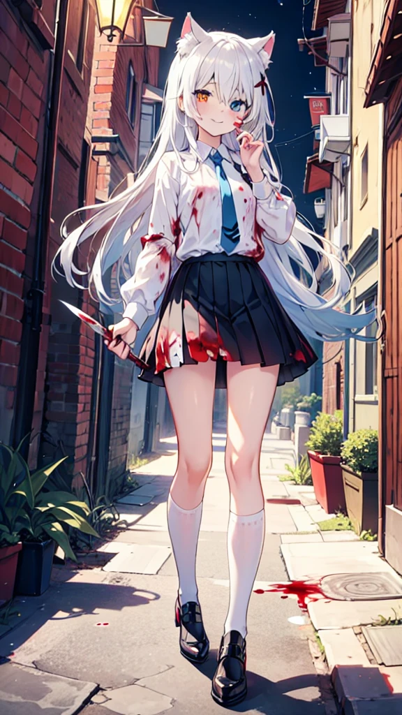 a girl with white stockings, white hair, maniacal laughter, long hair, cat ears, heterochromia (left blue, right red), female face, sparkling eyes, flat chest, red aura, night, deserted alley, black mini skirt, holding a knife, blood-stained clothes, blood-stained face, loss of shine in eyes, shadows on face, forced smile, blue tie