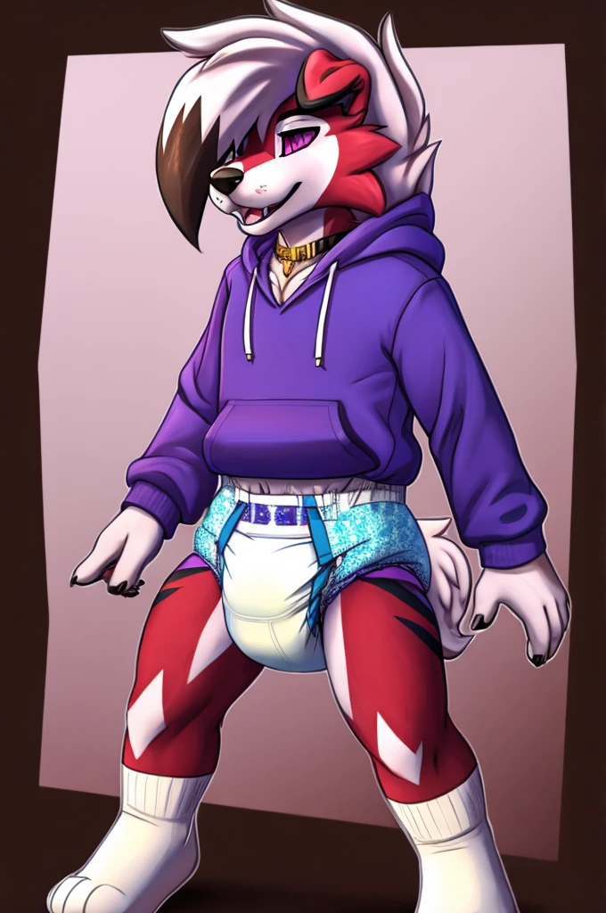 A dark purple Midnight femboy lycanroc wearing a blue and purple hoodie and diaper and white socks with black stripes and a gold necklace on his neck and with bracelets on his arms