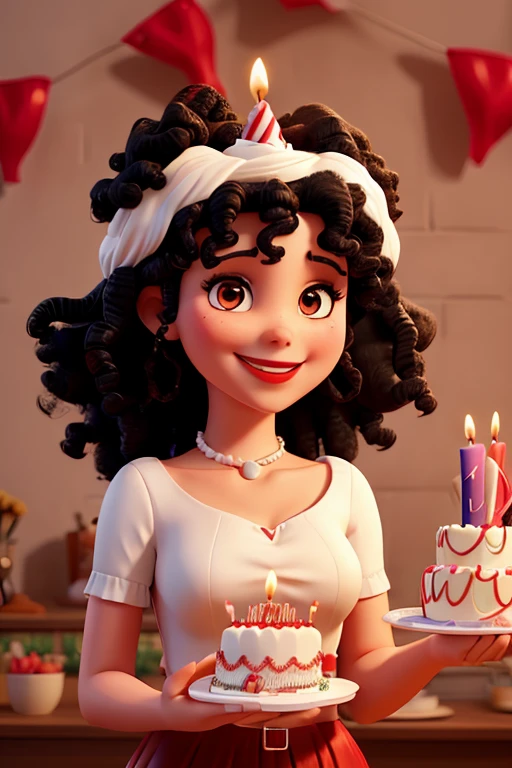 make a white woman, black curly hair red lipstick and smiling holding a birthday cake with a 24th birthday candle