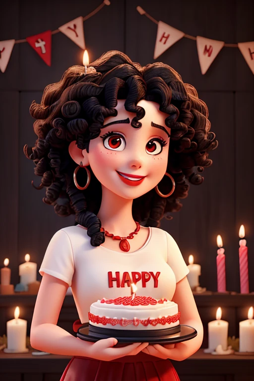 make a white woman, black curly hair red lipstick and smiling holding a birthday cake with a 24th birthday candle