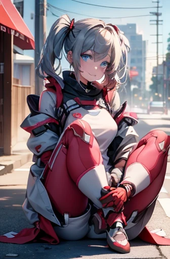 A Female mature robot loves herself. she wears nothing. Her Brown very short pigtails is tied with two big red clothespins, mature, android, blue eyes, full body, Height: 160cm, flushed cheeks, sweat bucket. full body shot, looking straight. Her smile is complete.