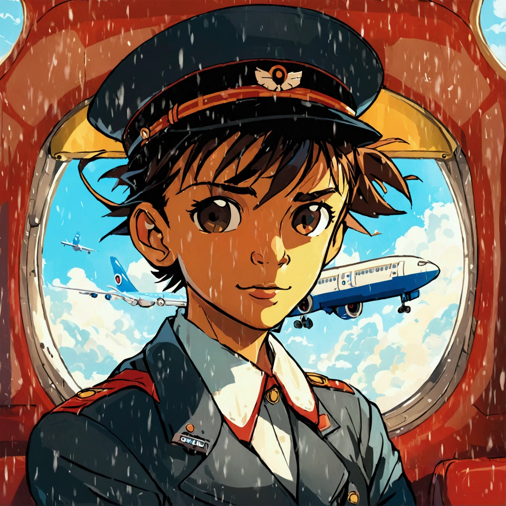 Create an illustration that meets the following conditions:。-Create an icon。-Use a round frame and add airplane-related decorations -Draw a plane Boeing 777。- Finish with high-quality illustrations。-Make it look like a character that children will love(Referencing Thomas the Tank Engine)