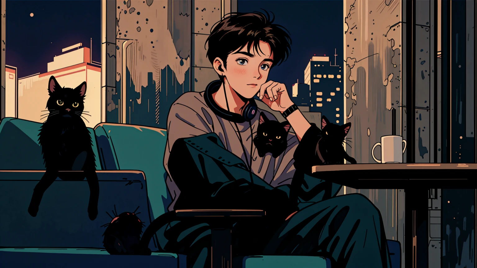 best quality, 8k, 1990s style,2010s hairstyles, 21-year-old boy, black hair, light brown eyes, city pop, pants ,night view, wearing headphones, whole body, relax coffee,table,confection,Looking at me, Black cat