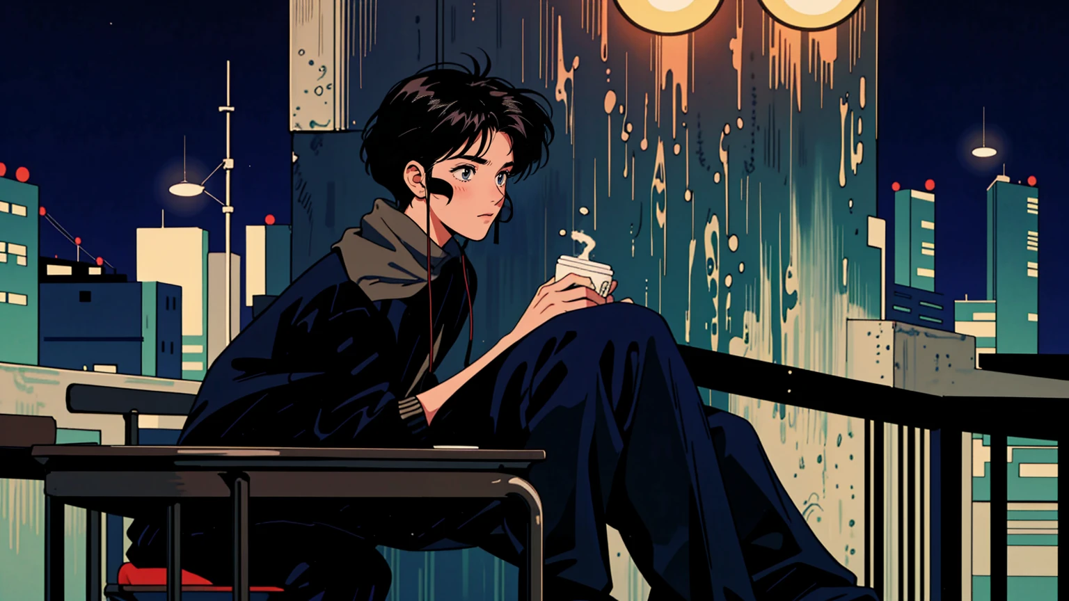 best quality, 8k, 1990s style,2010s hairstyles, 21-year-old boy, black hair,  light brown eyes, city pop, pants ,night view, wearing headphones, whole body,  relax coffee,table,confection,Looking at me, Black cat
