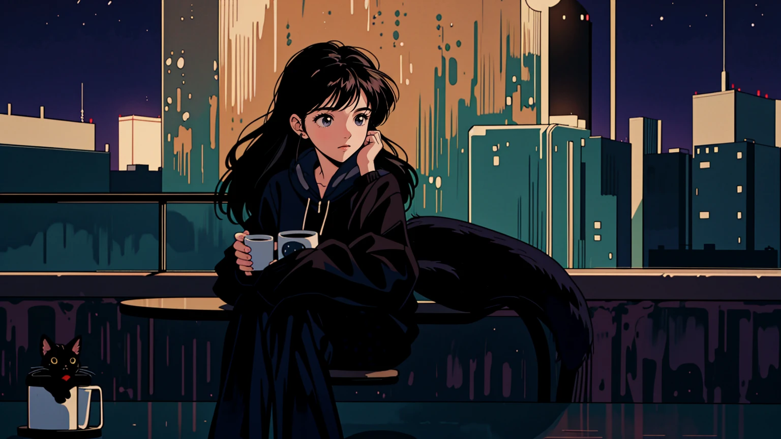 best quality, 8k, 1990s style,2010s hairstyles, 21 year old girl, black hair, long hair, light brown eyes, city pop, pants ,night view, wearing headphones, whole body,  relax coffee,table,confection,Looking at me, Black cat
