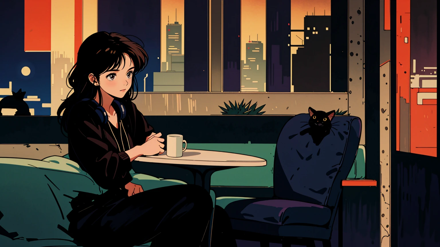 best quality, 8k, 1990s style,2010s hairstyles, 21 year old girl, black hair, long hair, light brown eyes, city pop, pants ,night view, wearing headphones, whole body, relax coffee,table,confection,Looking at me, Black cat