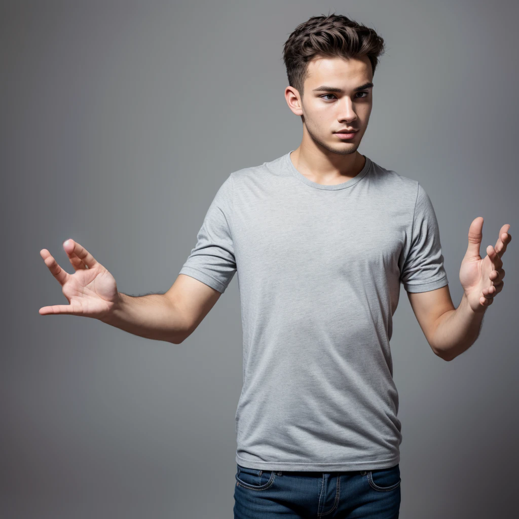 young man with doubts and full body open hands