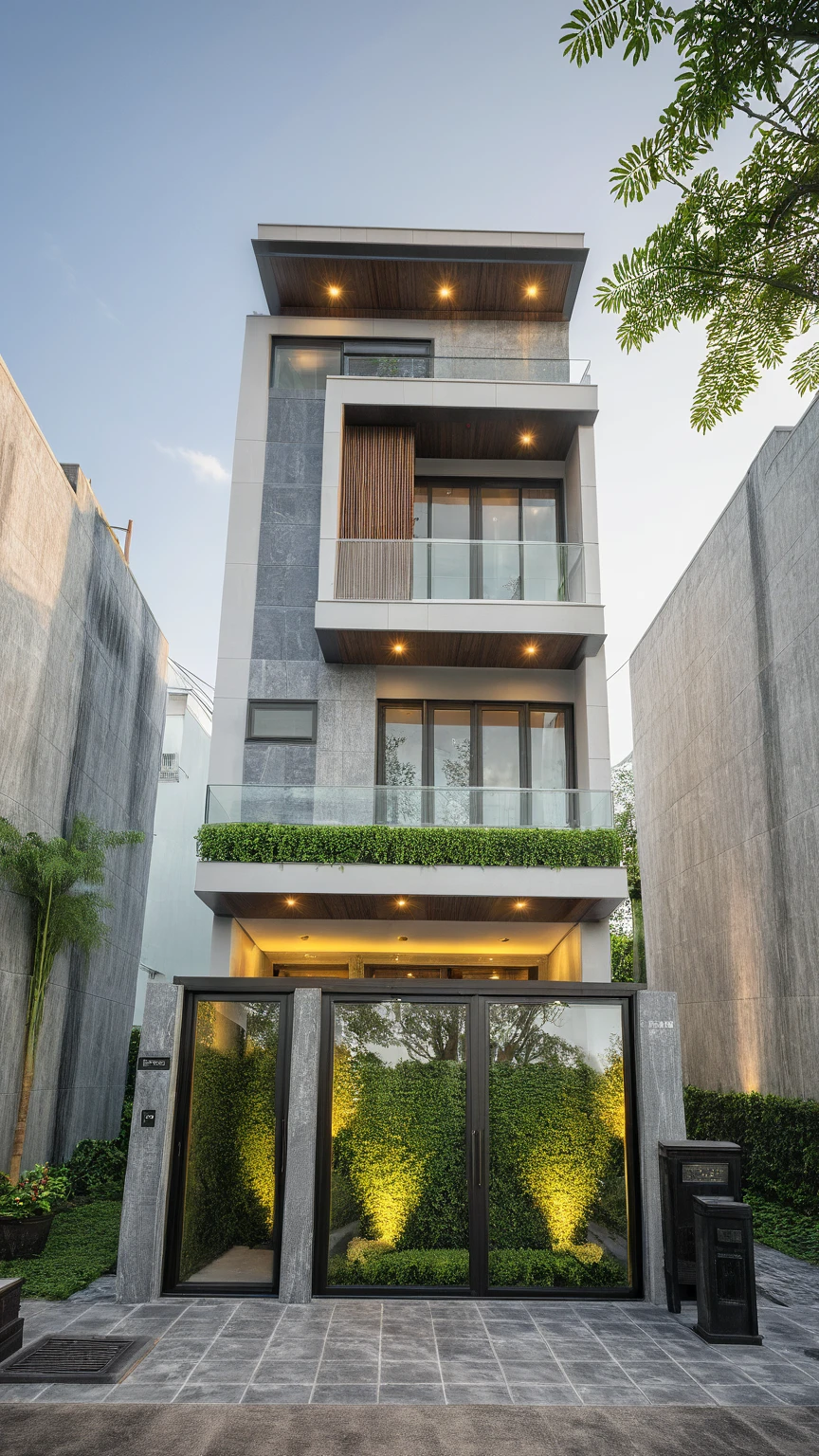 modern villa on street, (daylight), tropical tree, green shrub and plants, vivid color, streetcapes, minimalist design, brigth grey tone, (large glass door:1.2), warm interior lighting, modern material, best quality, ultra realistic, masterpiece, 
