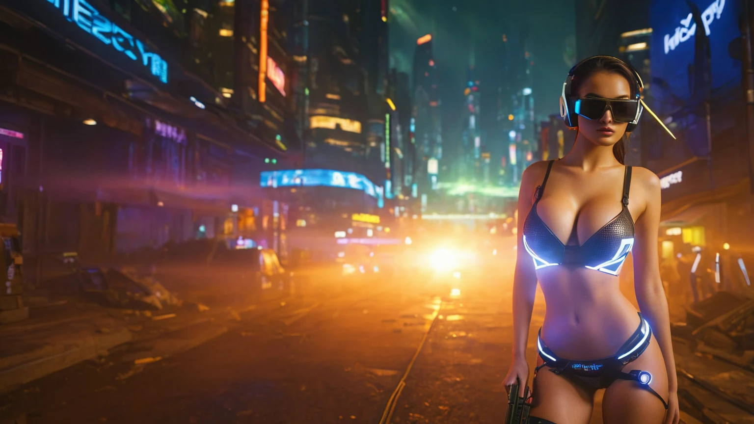 dark futuristic landscape, at night, neon lights, Atmospheric fog, large buildings in the background, futuristic city, streets with open shops, skyscraper (postapocalyptic city:1.3). (((1girl, solo, alone))), large-breast:1.2 slim body, cleavage:1.1, sexy miniskirt, (((headphone, black sunglasses, standing and holding pistol pose))), (((half-body thigh level medium shot))), cinematic lighting, lens flare, ray tracing.