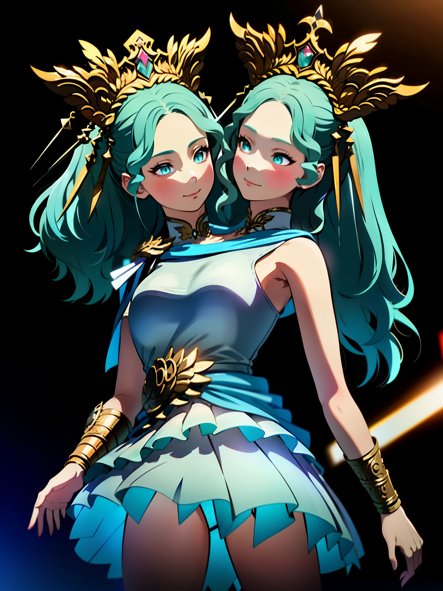 Best quality, masterpiece, ultra high res, (photorealistic:1.4), 1girl, offshoulder, deep shadow, shiny skin,depth of field, night sky, crown,  aqua eyes, blue hair,  luxury dress, white dress, shiny dress, good hand, depth of field,  white skin, glowing eyes,  golden armor arm,  (2heads:1.8)