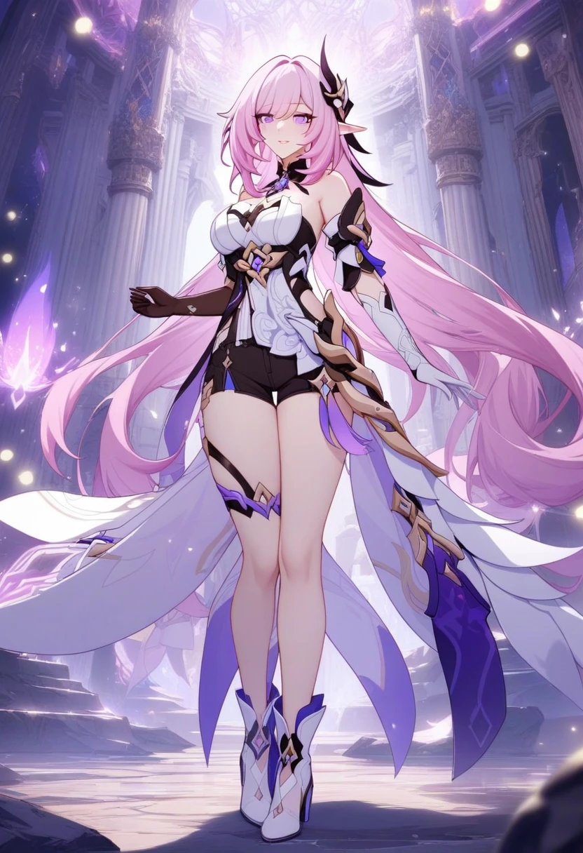 masterpiece, best quality, very aesthetic, absurdres, 1girl, mature_lady, ,,elysia_(honkai_impact), honkai_(series), honkai_impact_3rd, elysia_(herrscher_of_human:ego)_(honkai_impact), 1girl, elbow_gloves, elf, hair_between_eyes, hair_ornament, multicolored_hair, pink_hair, pink_pupils, pointy_ears, purple_eyes, two-tone_hair, bare_shoulders, black_shorts, boots, gloves, high_heel_boots, white_footwear, white_gloves, white_shirt,,in a palace,glowing stardust frontground,fantasy,sparkling,fireflies