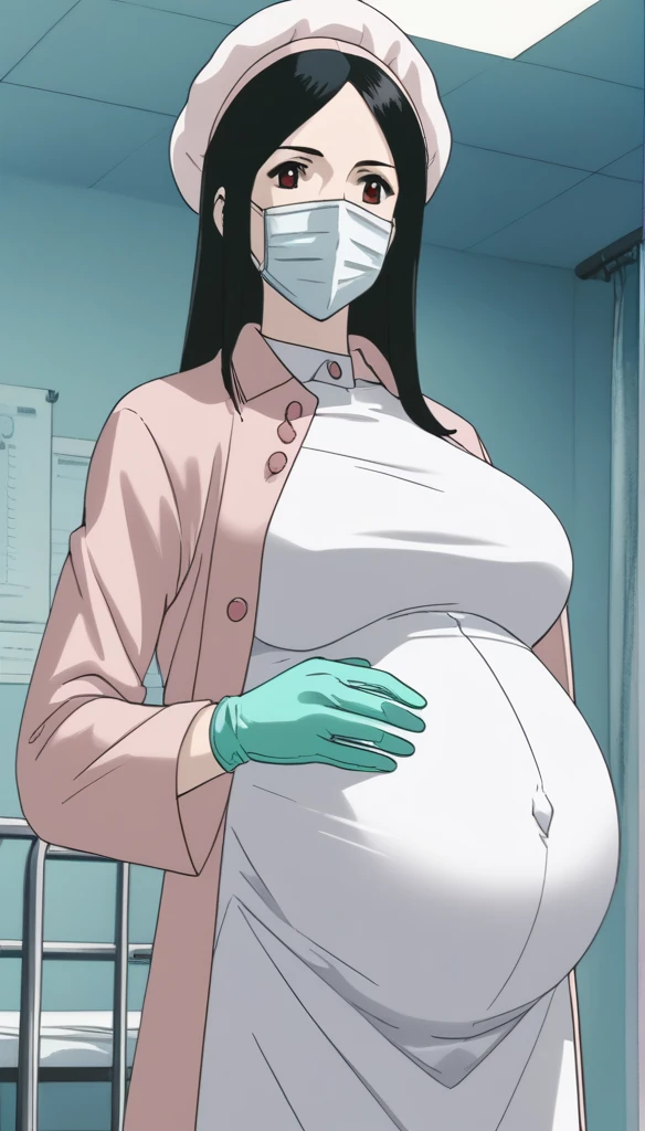 score_9, score_8_up, score_7_up, source_anime, raw image, masterpiece, highest quality, kasuganoray, pale skin, happy eyes, looking with love, long black hair, big breasts, scrubs, surgical mask, bouffant cap, long sleeve maternity dress, put on another long sleeved coat, seamless, navel head, the dress isn't wrinkled, long white stockings,
1girl, pregnant, solo, long rubber gloves, looking down, look at viewer, furrowed brow, hospital bed, light shines from the ceiling, standing, patient room background, she is inquiring about the patient's condition