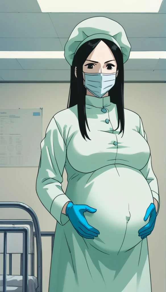 score_9,  score_8_up, score_7_up, source_anime, raw image, masterpiece, highest quality, kasuganoray, pale skin, the hottest eyes, staring at the viewer, long black hair, big breasts, scrubs, surgical mask, bouffant cap, long sleeve maternity dress, put on another long sleeved coat, seamless, navel head, the dress isn't wrinkled, long white stockings,
1girl, pregnant, solo, long rubber gloves, looking down, furrowed brow, hospital bed, natural light, standing, patient room background, she is inquiring about the patient's condition