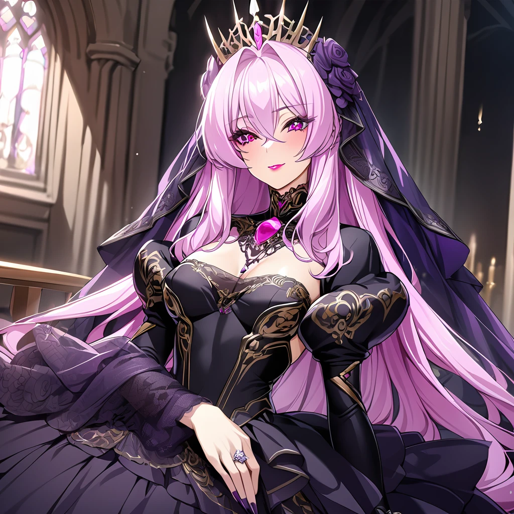 ((Highest quality)), ((masterpiece)), (detailed), （Perfect Face）、The woman is the evil queen Luxria, with medium-long pink hair, a gorgeous black wedding dress with gold embroidery and trim, a black wedding veil, an engagement ring, gorgeous accessories, lipstick and makeup, and a dignified, beautiful evil queen.、The woman is happily getting married in a posh church belonging to an evil organization.