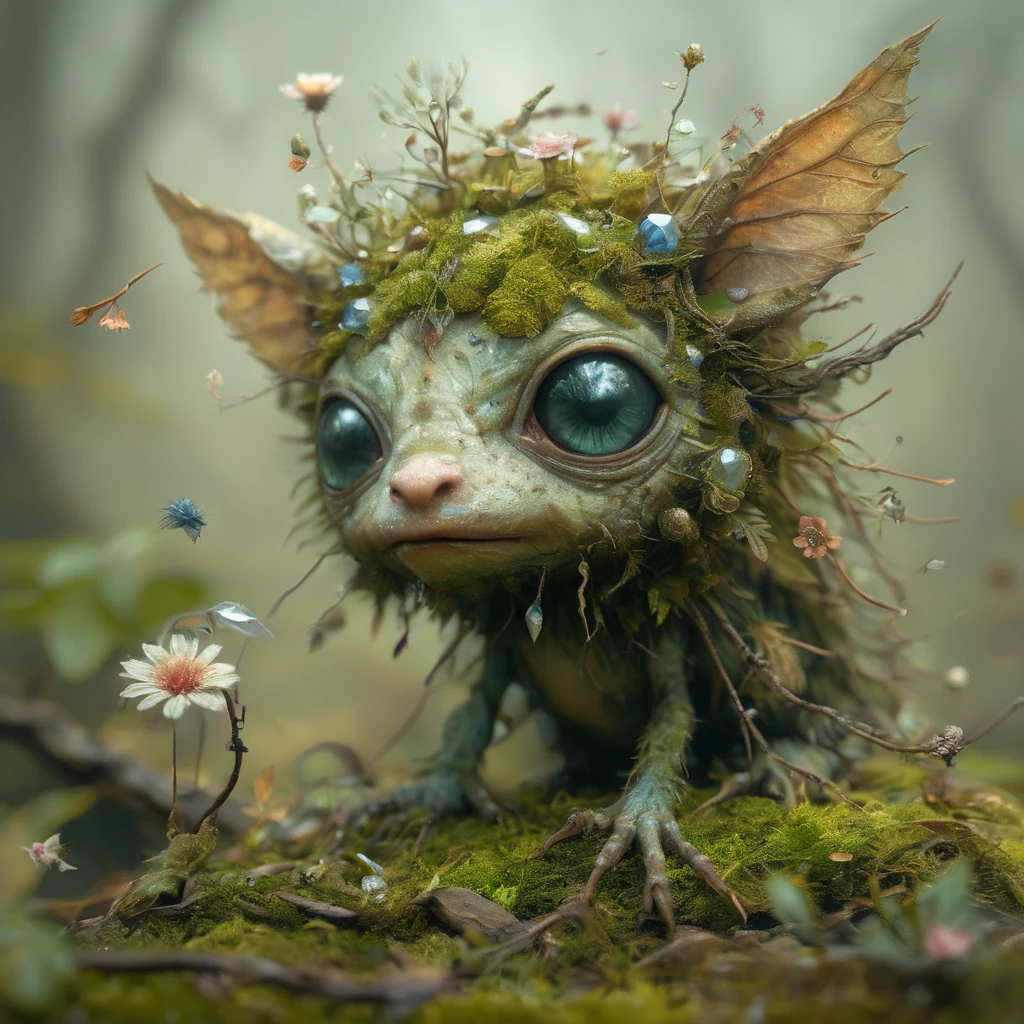 woodland creature searching for a mate,biome made of moss,twigs,flowers,gems,crystals,light,wind,energy,hope,ultra high definition,glossy,photo realistic,3d,national geographic photo of a fae caught on camera in his biome,princess and wise,with silly,