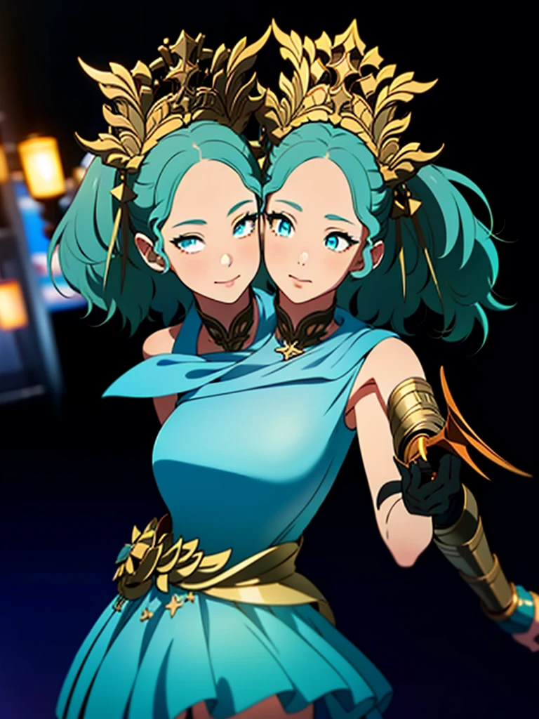 Best quality, masterpiece, ultra high res, (photorealistic:1.4), 1girl, offshoulder, deep shadow, shiny skin,depth of field, night sky, crown,  aqua eyes, blue hair,  luxury dress, white dress, shiny dress, good hand, depth of field,  white skin, glowing eyes,  golden armor arm,  (2heads:1.9), (two heads:1.3)