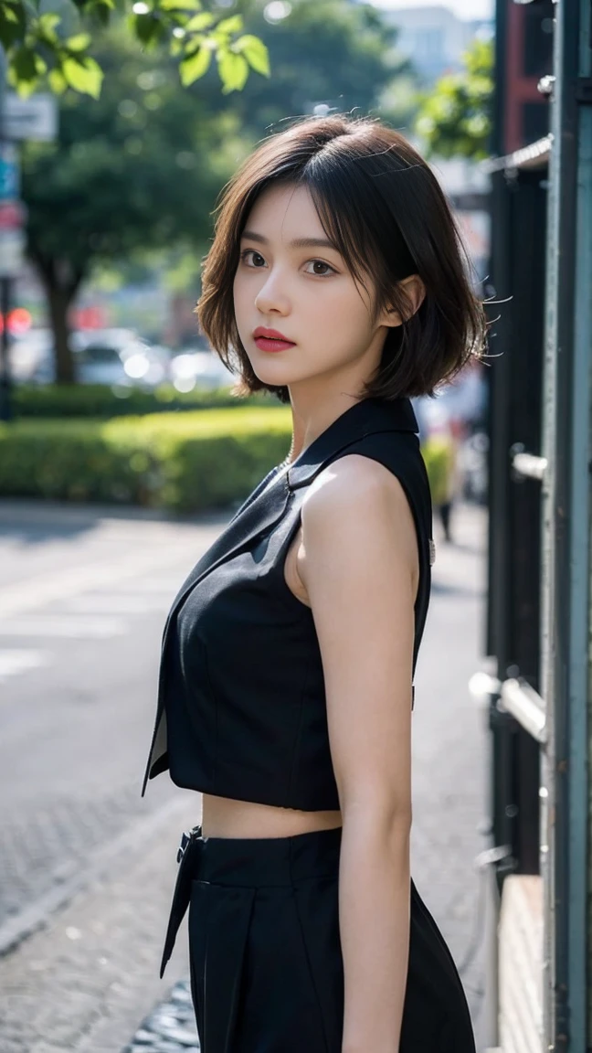 (8k, RAW photos, best quality, masterpiece:1.3),(realistic:1.3), HDR, uhd, dynamic,(fancy:1.3) , blooming light effect,
break
1 girl,(whole body:1.3),(behave promiscuously:1.2), split ,A very beautiful woman is standing,(from the side:1.4),(big bust:1.4),nipple ,intricate details, Beloved, vibrant, perfect hands, detailed hand, perfect eyes, detailed eyes,(blush:1.4), (tanned skin:1.1),(realistic 피부와 머리카락 질감, detailed beautiful & Polish & largely),(black very short hair:1.3),(striped hair),long and narrow eyes, bridge face ,nice jutting chin,긴머리'fascinating, decorate, attractive, fascinating, fascinating, Refined, dazzlement, 
break
 woman,intellectual,tall,muscular, secretary, health, ((black two-piece suit:1.4) and a white shirt), escort,city,defensive, warning, loyalty, confidentiality, professionalism, skilled, reliable, discretion, Security, exact, security,posed,neat,break (wind:1.4),(Woman posing seductive on distance corner, outdoor, (distance: 0.8),