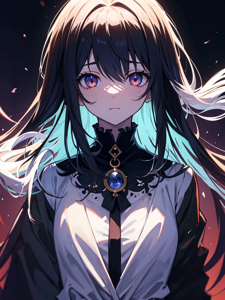 ((pixiv)),(Color Field),(Fantasy),(masterpiece_portrait),only 1 girls,Cool Beauty,expressionless,curvy,large breasts,sharp face,Dark hair,long hair,hair between eyes,spiked hair,half-closed eyes,blue eyes,Closed mouth,devil Horns,reaching out,cowboy shot,standing,dark Dress,Golden Artefact,Golden Accessory,ninja,choker,Bulgaria