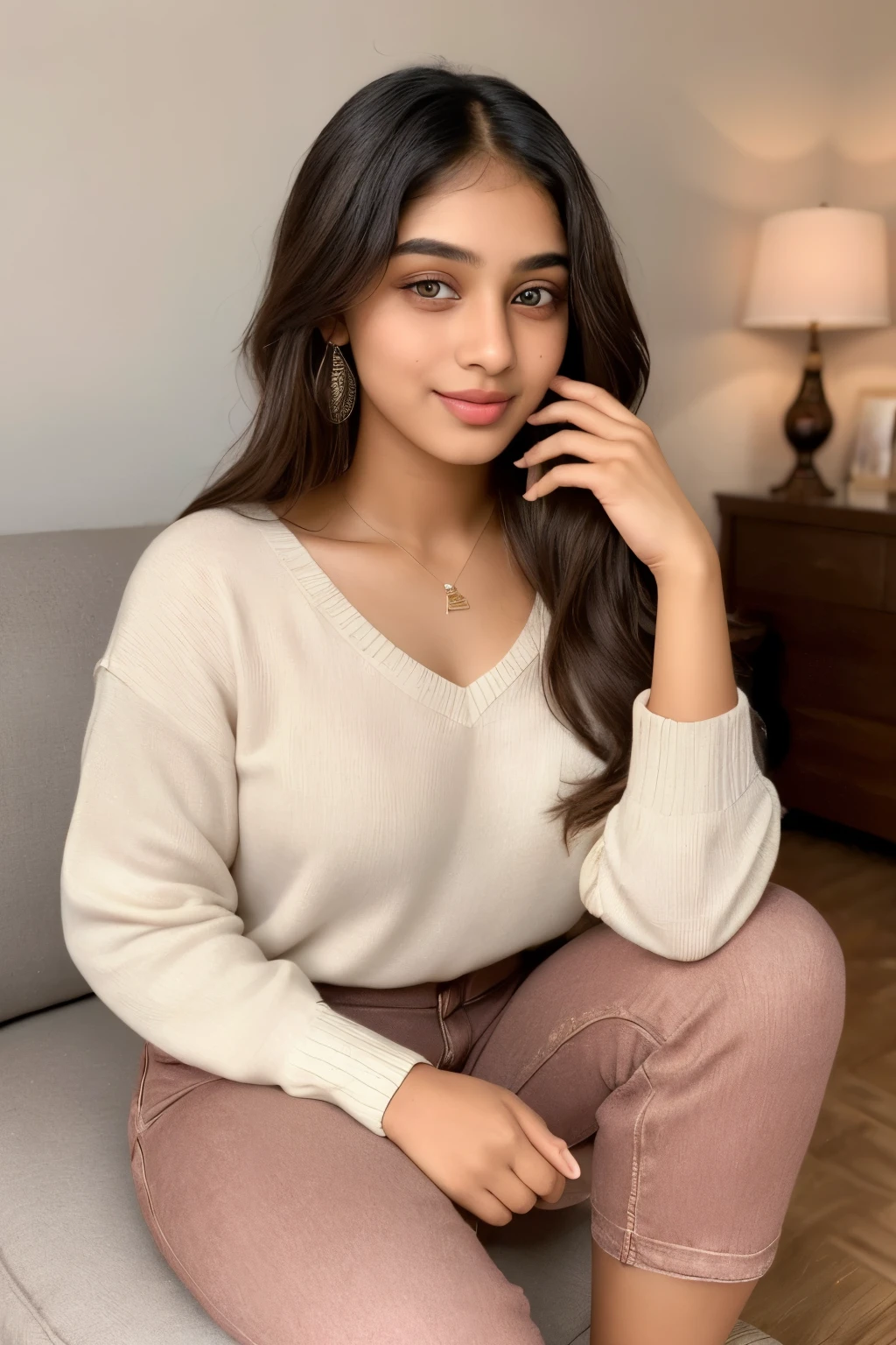 A 21-year-old Indian girl, with a detailed face and eyes that sparkle with life, beautiful plump lips tinted with the subtle hue of her morning coffee, long, thick eyelashes framing her almond-shaped eyes, is casually seated in a living room. She's dressed in a comfortable, fashionable outfit that perfectly complements her style. A steaming cup of coffee sits in her hand, the aroma wafting through the room. The scene is illuminated by studio lighting, casting warm color tones that enhance her natural beauty. Every detail, from the fine lines around her eyes to the delicate freckles on her nose, is captured in hyper-realistic