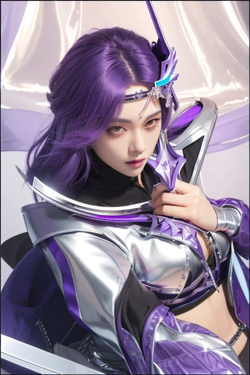 a close up of a woman with purple hair and a sword, kda, portrait knights of zodiac girl