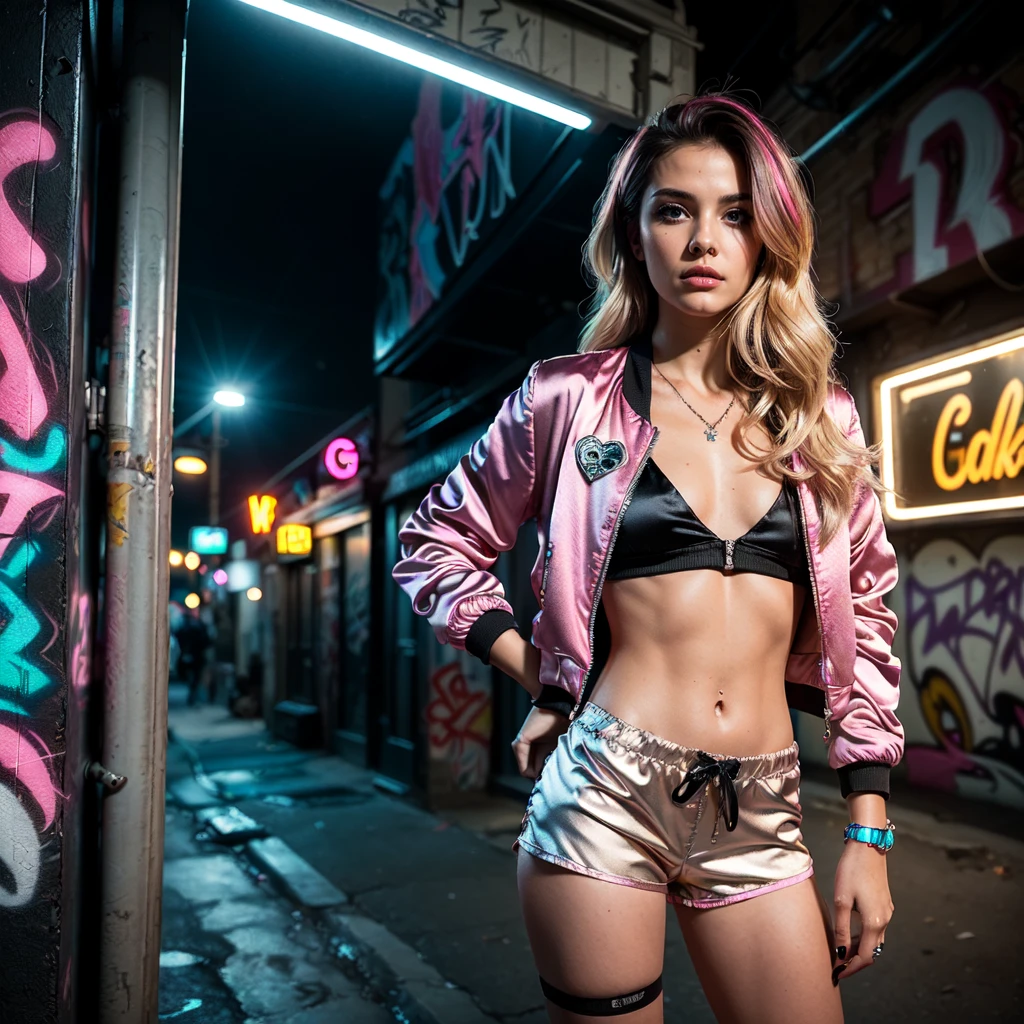 (Ultra-detailed eyes), (((textile shading))), (((Best Quality))), (((materpiece))), (((Ultra-detailed CG))), tow girls sassy 30 years old american girl, (((magical ))), (Petite), (tiny chest), blonde wavy hair with pink streaks, ((gorgeous hair)), Pink eyes, (((punk girl, satin jacket, y2k ripped satin Shorts))), ((striking a pose)), (((Game CG)) (gorgeous, sassy, it girl), fancy jewelry, graffiti-covered walls,neon lights,vibrant colors,night scene,gritty atmosphere,4K, strong punk atmosphere, cowboy shot, midshot, centered image, eye on camera, daylight,sexy Ass,