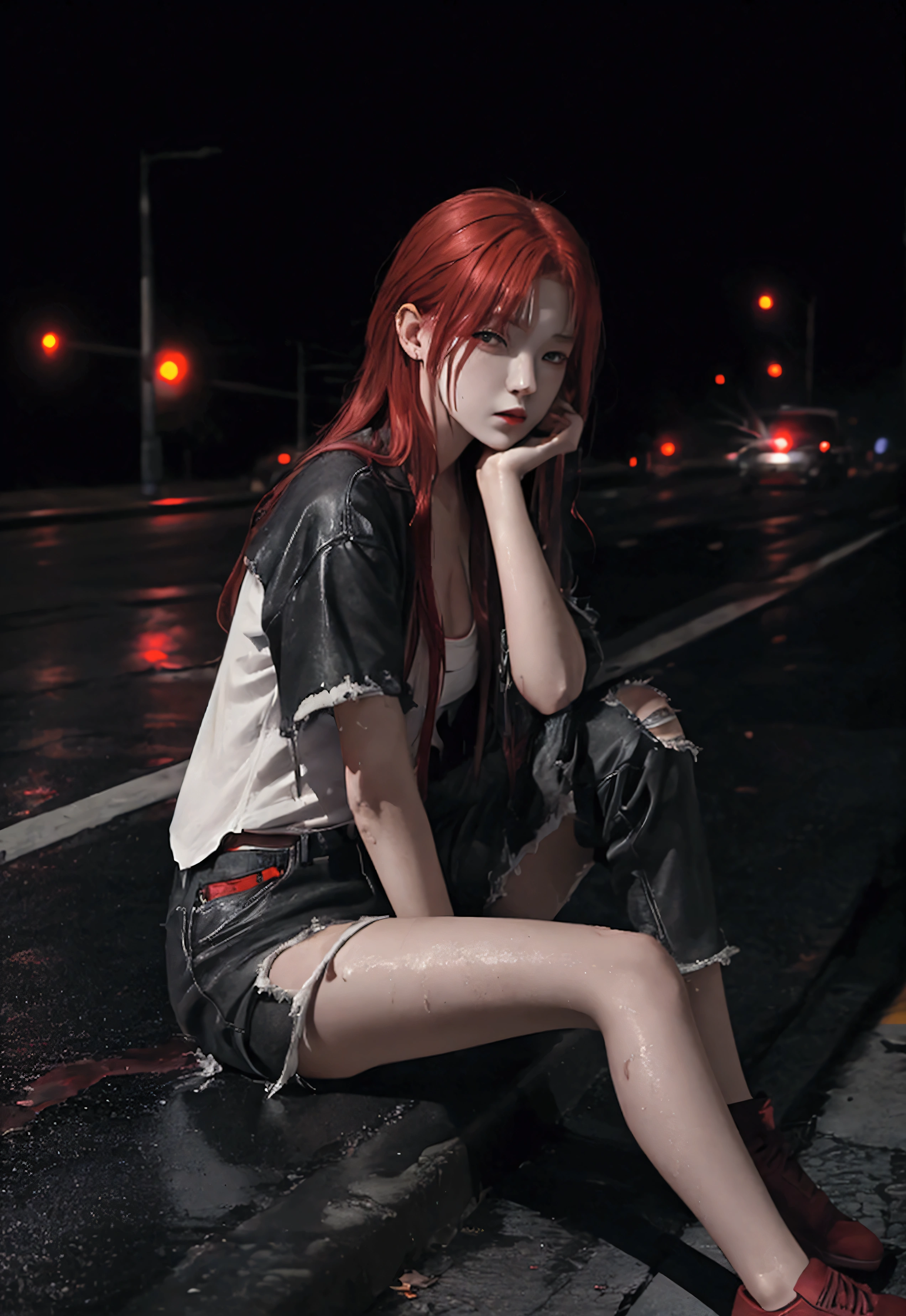 Young woman, Red hair, Red eyes, torn clothes, tramp, gloomy aesthetic, Sitting on the curb, wet asphalt