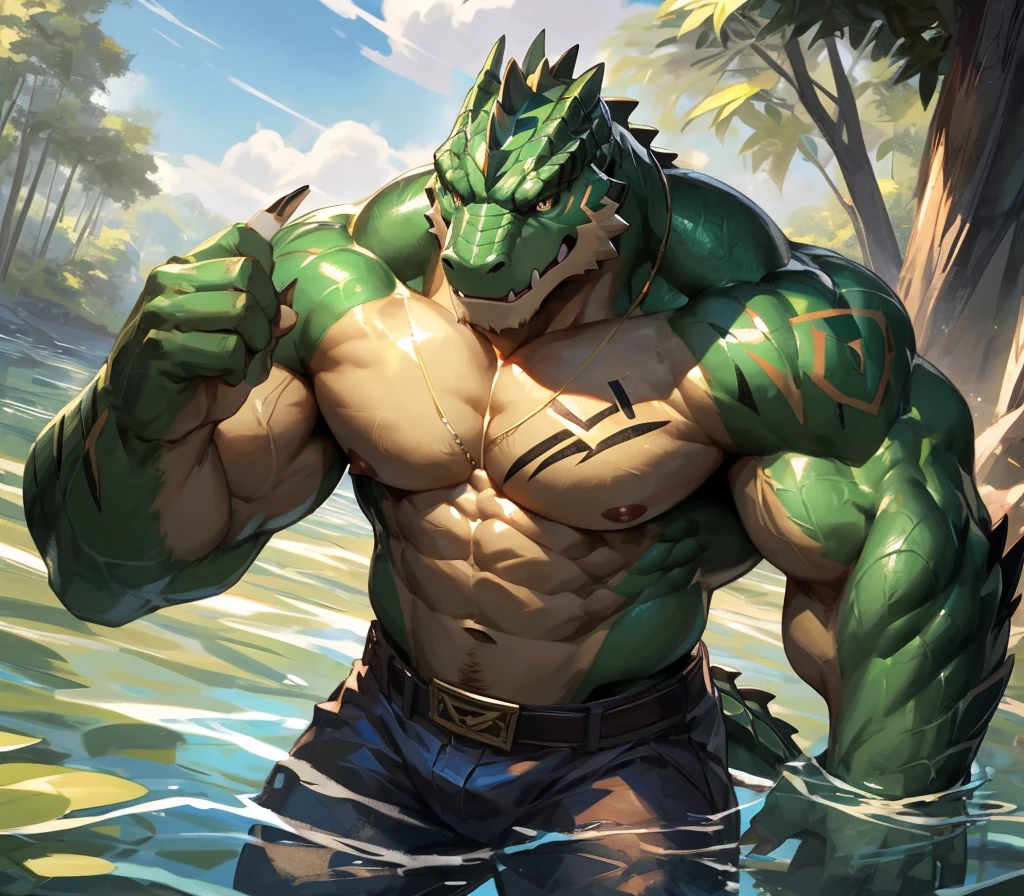 ((best quality)), ((masterpiece)), (ultra detailed),perfect face,antro aligator:2.5, male, ((green crocodile skin)), aligator look, (strong beefy muscular body), (yellowish belly),(abs, strongmuscles, 8 pack), furry, handsome,Beautiful and delicate eyes, (ultra detailed eyes, (green):0.1 eyes, sharp eyes), detailed scene,full body, shirtless, topless, pink nipples, (by null-ghost,by traver009,by lindong,by pino daeni), (full body), claws, (scales), majestic, upper body naked, big fellow, muscular male, (wearing short yellow:0.4 pants), big fellow, huge body, handsome, majestic, barbarous, hairy, male, inside the lake, swimming, anime, full body, lily flower on the lake, tribal tattoo on the left chest