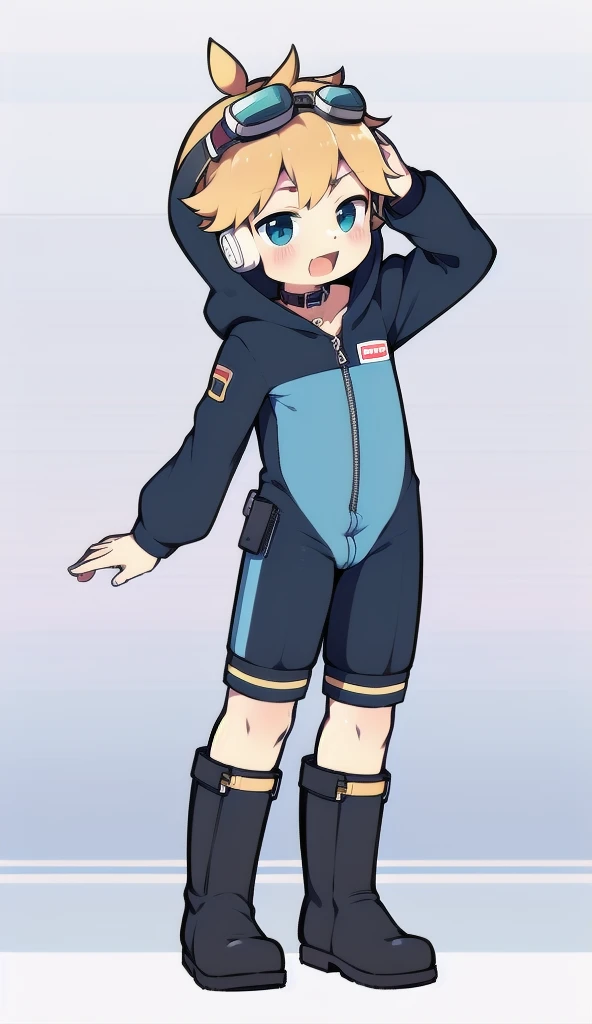 2D Boy Shota，One-piece mountaineering suit，Slim, healthy body，Put the headphones on your head，stand up，goggles，Rabbit ears，happy，Sailor collar，tie，Zipper pulled down，boots，hood