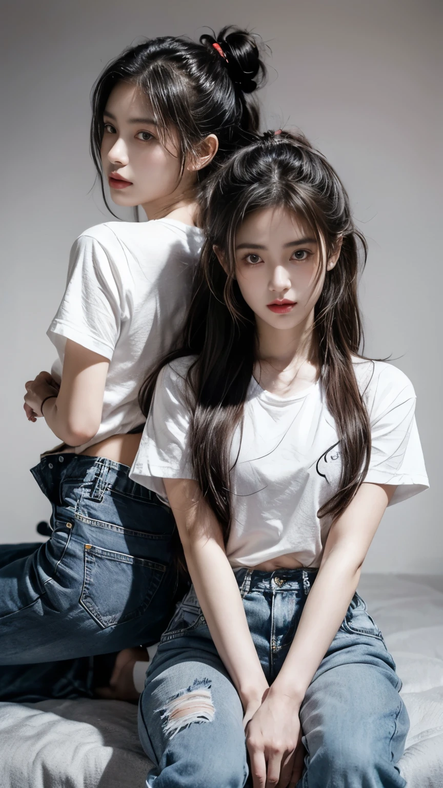 maior,((((two girls,duo,stroking)))), Big Big Tits, slim figure, femele, Blue Sleeveless T-Shirt, White chiffon skirt, Bedroom, bangss, a junior high school student, stright long hair, maior,realskin, Sleep habits